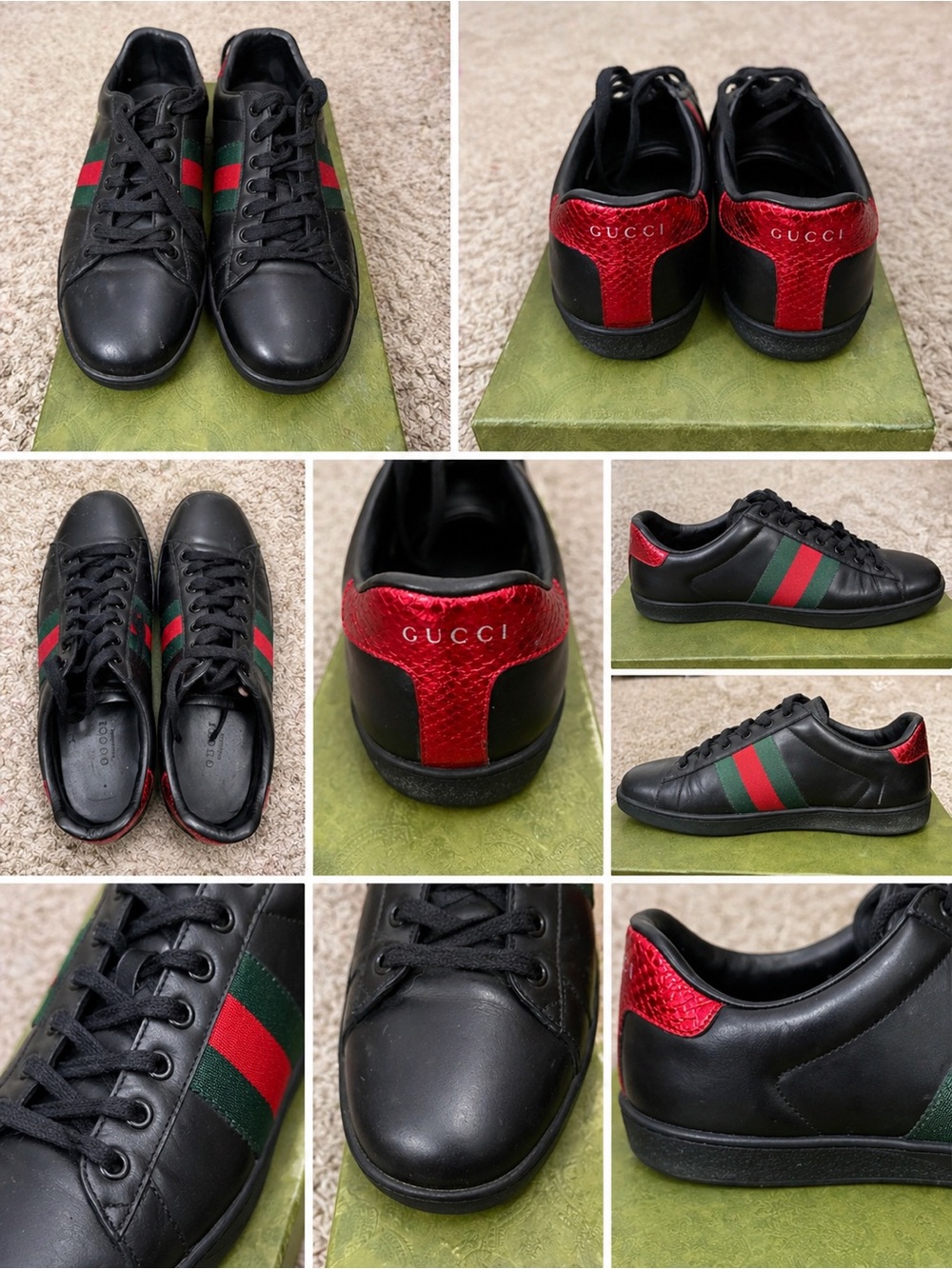 Gucci Black Leather Sneakers with Red Heel Tab & Green/Red Web Stripe